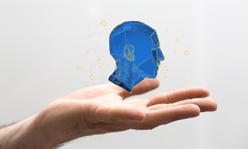 A 3d rendering of a human head with a network plexus structure in a hand on a white background